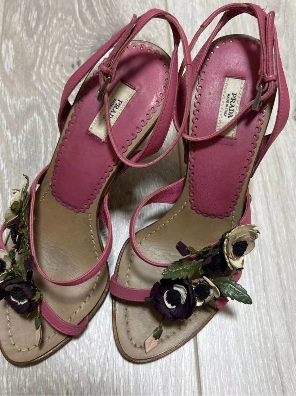 Prada Pink Floral Leather Slingback Heels